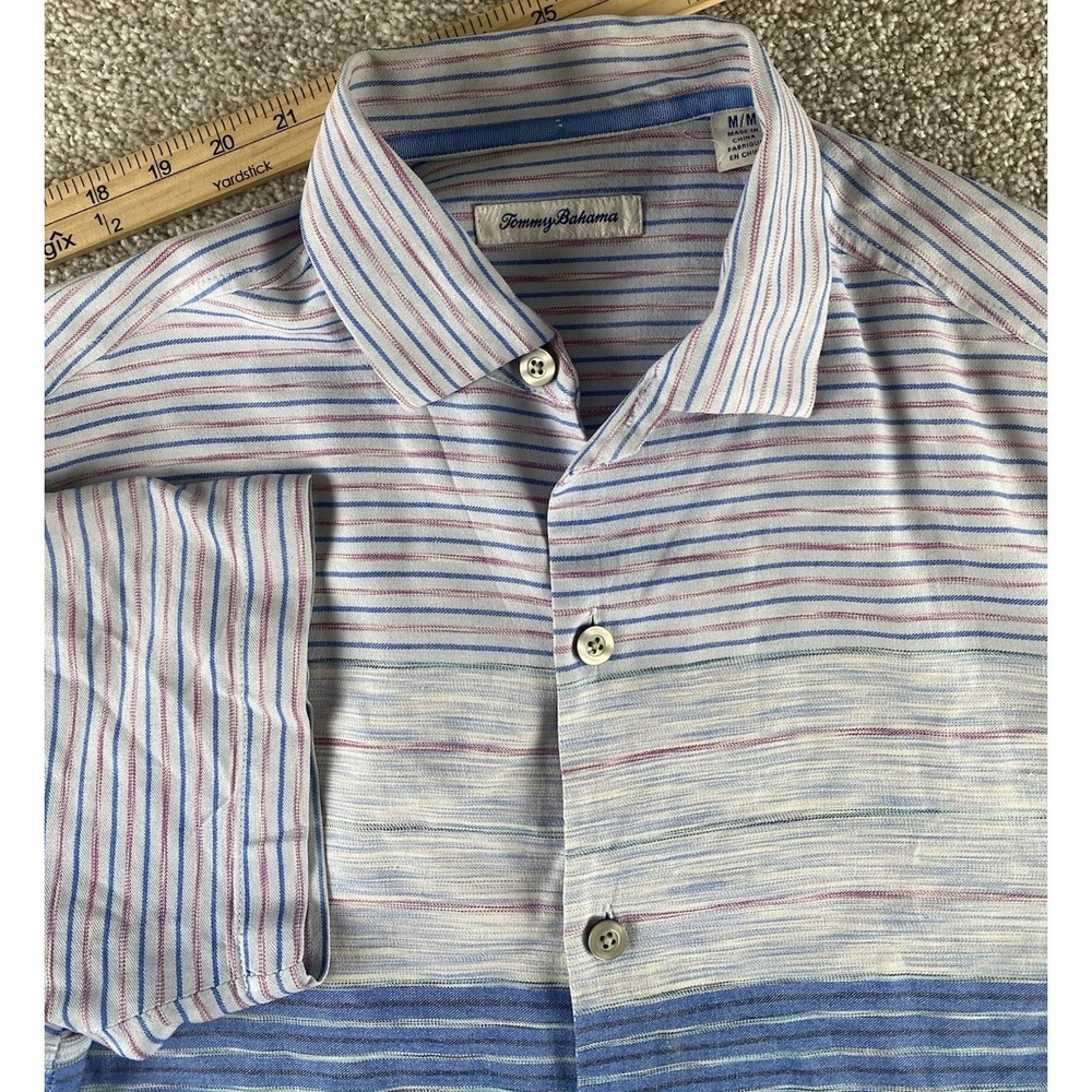 Tommy Bahama Blue Colorful Striped Colorblock Button Down‎ Mens M Luxurious Silk